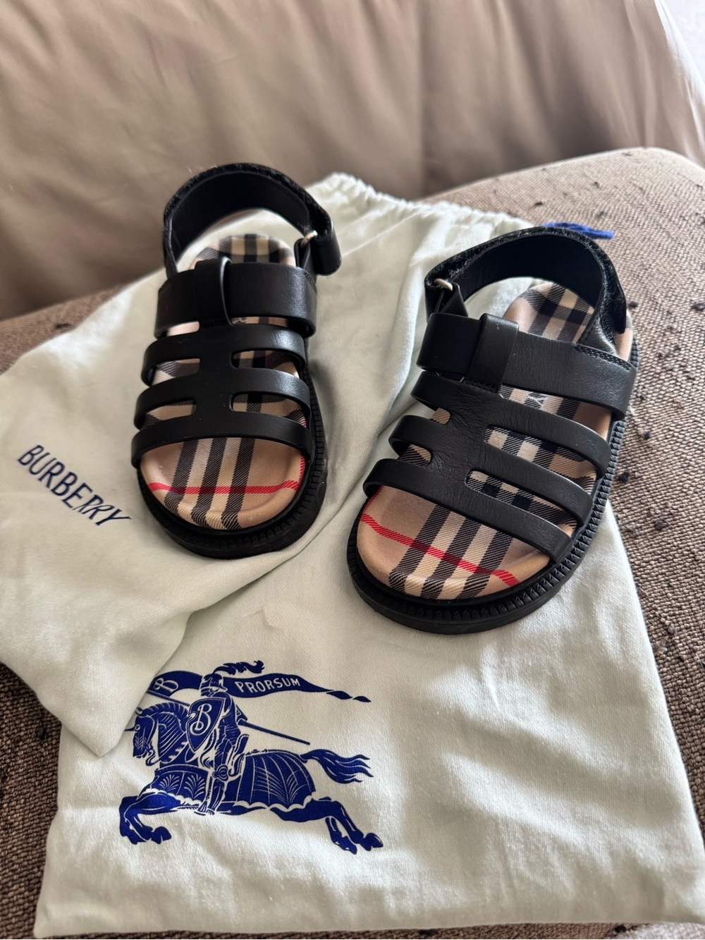 Burberry Black Leather Kids Sandals with Classic Check Footbed